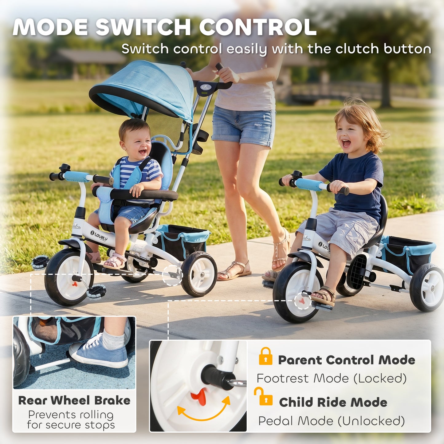 Qaba 6 in 1 Toddler Tricycle Stroller with Basket, Canopy, 5-point Safety Harness, for 12-60 Months, Blue