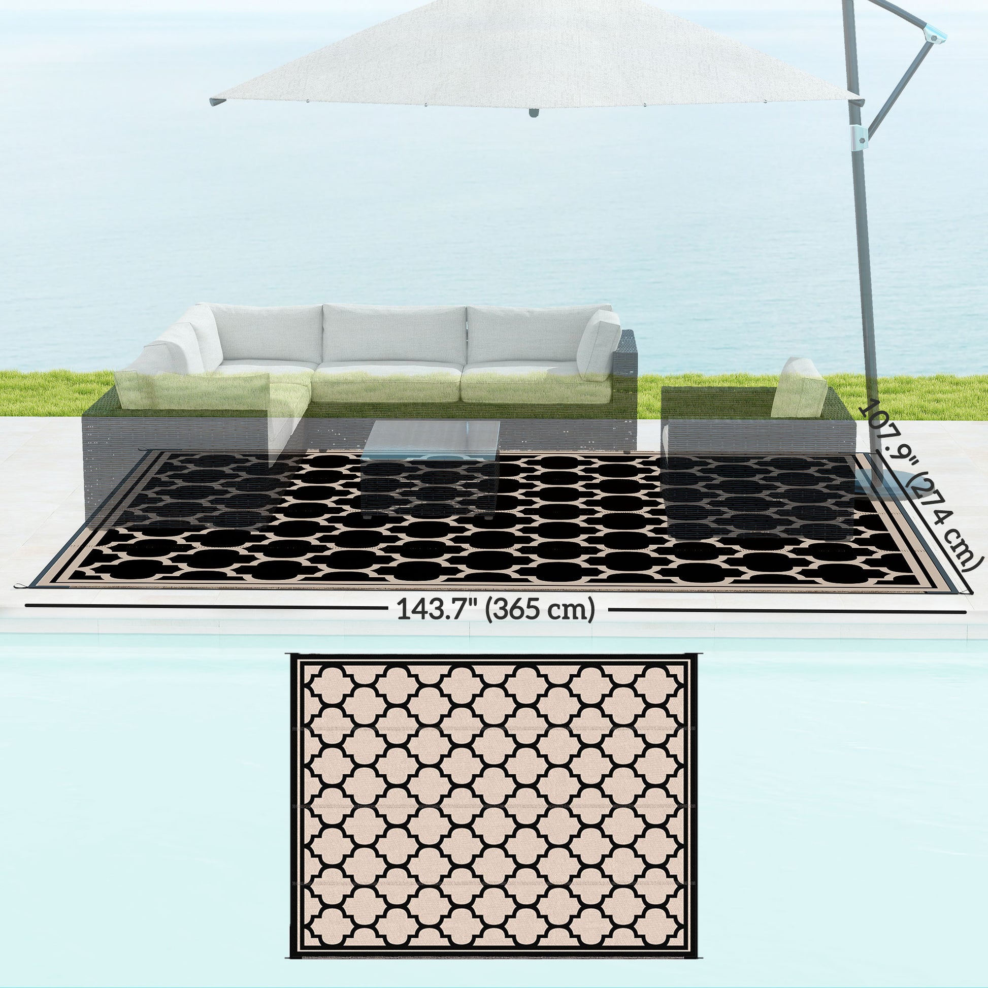9'x12' Reversible Outdoor RV Rug, Patio Floor Mat, Plastic Straw Rug for Backyard, Deck, Beach, Camping, Black