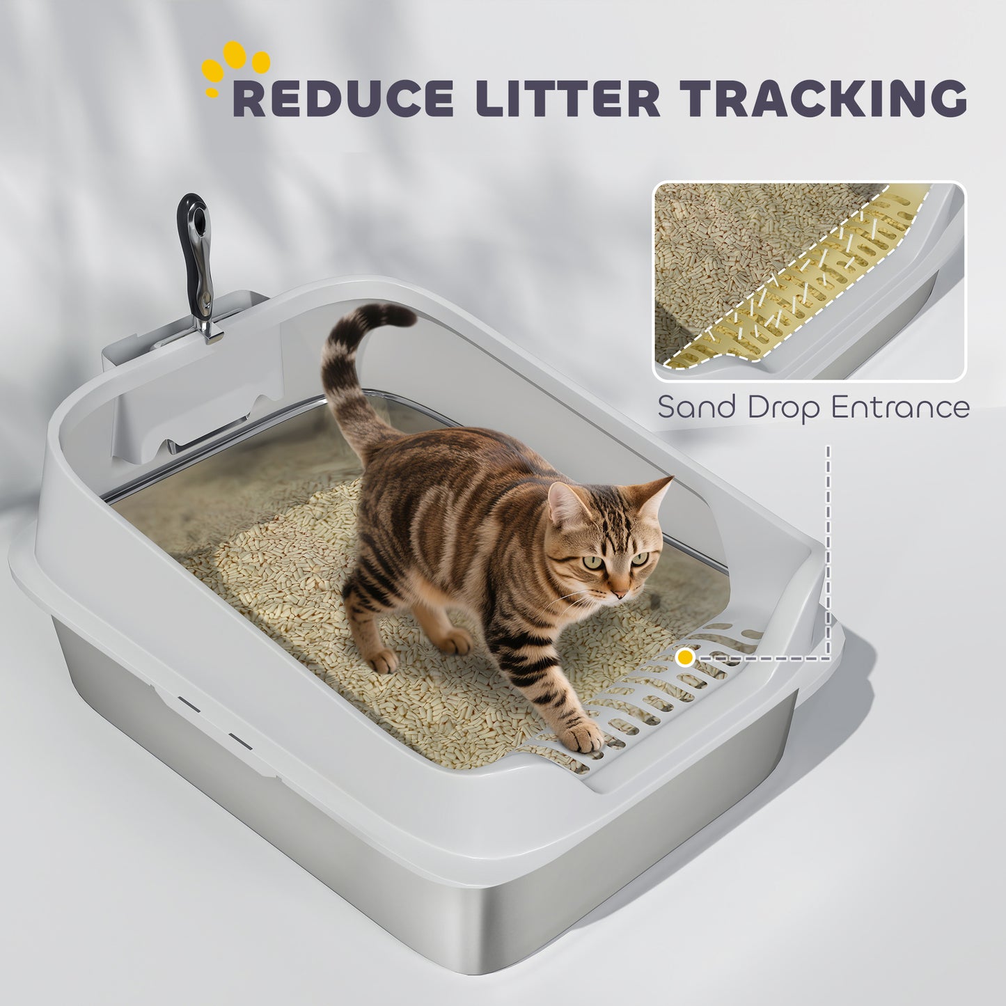 Cat Litter Box Stainless Steel with Metal Litter Scoop, Never Absorbs Odors, Anti Leakage, 24" x 16" x 12", Grey