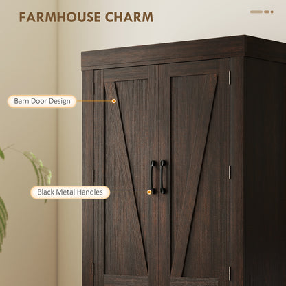 72" Kitchen Pantry Cabinet, Farmhouse Kitchen Storage Cabinet with 4 Barn Doors, 6 Door Shelves, Drawer, Brown
