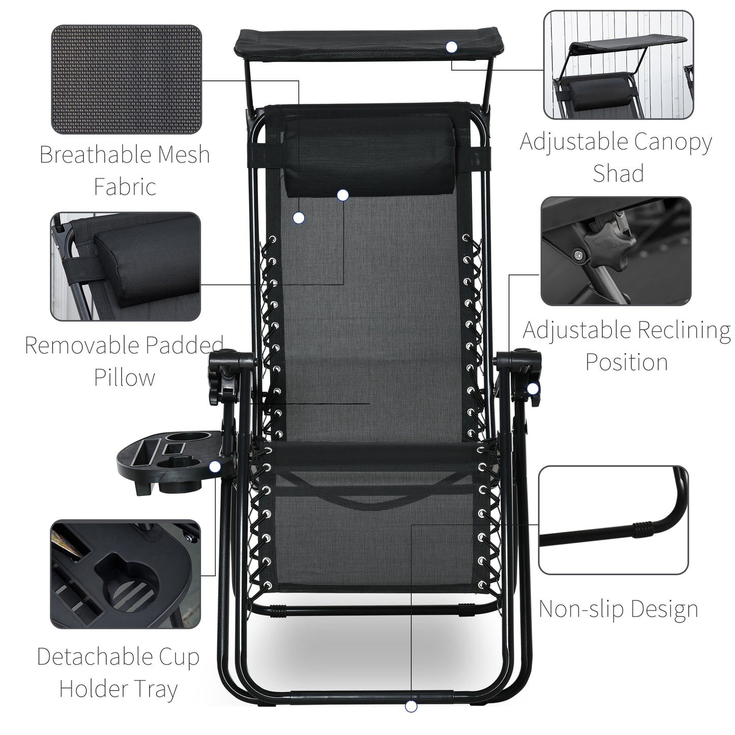 2 Piece Foldable Lounge Chair with Canopy Shade, Outdoor Zero Gravity Chair w/ Side Tray & Cup Holder, Reclining Lounger