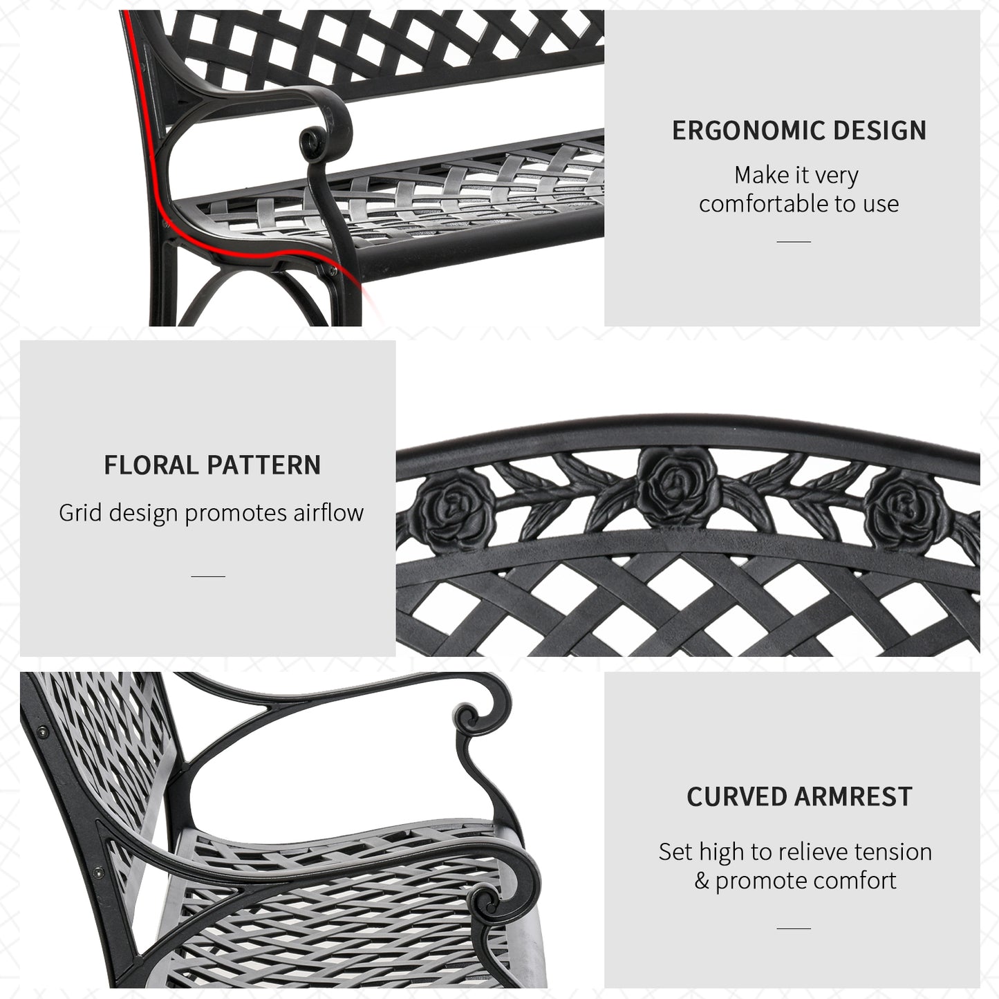 Outdoor Garden Bench, 40" Patio Bench with Aluminum Frame and Armrests, 2-Person Patio Loveseat with Floral Pattern for 