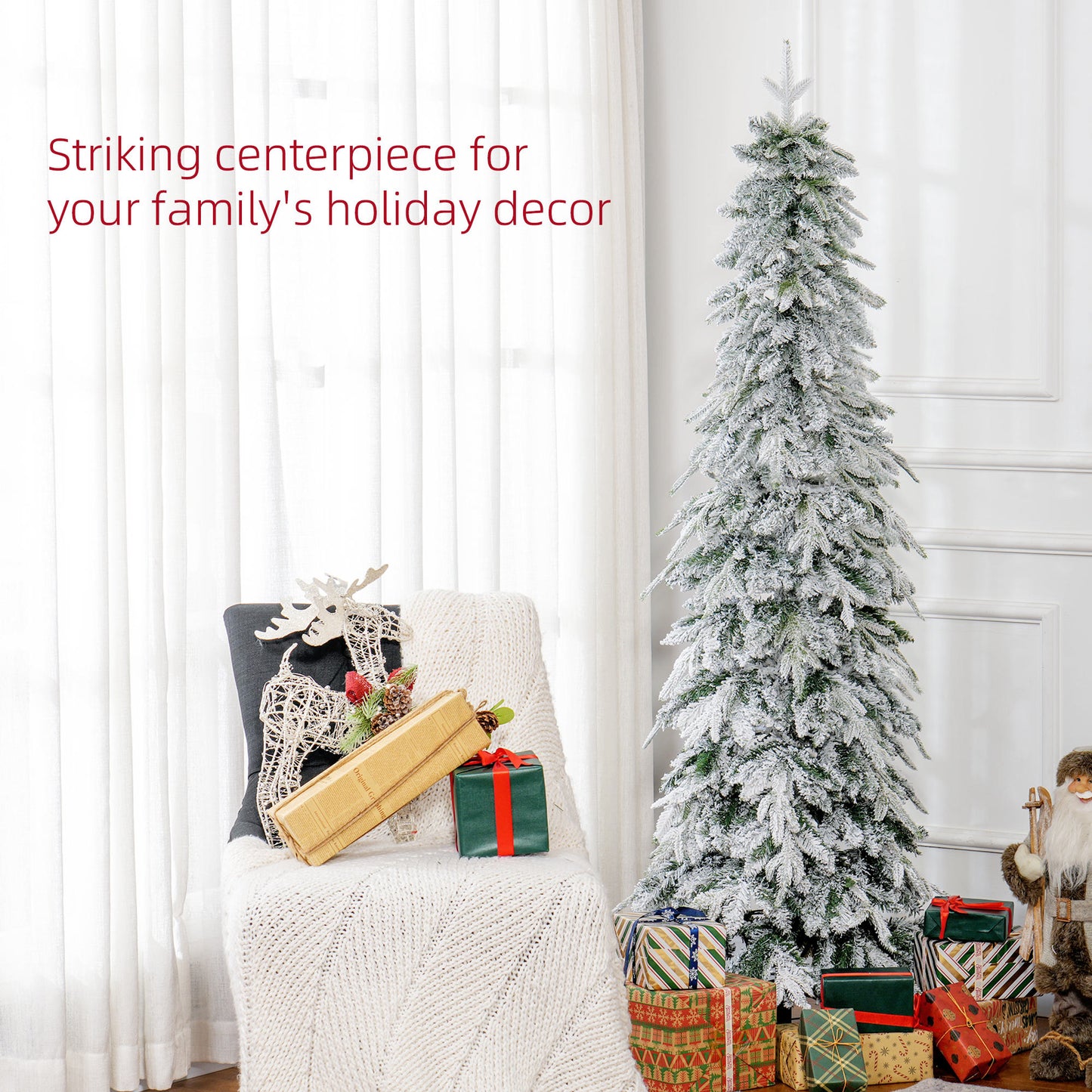 6ft Pencil Flocked Artificial Christmas Tree with 600 Branch Tips, Auto Open and Steel Base, Green