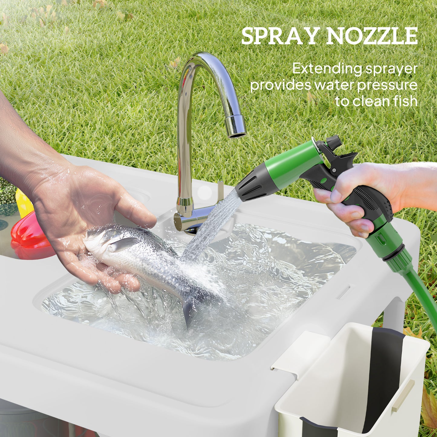 Folding Fish Cleaning Table with Sinks, Camping Sink with Faucet Drainage Hose Sprayer Shelf, White
