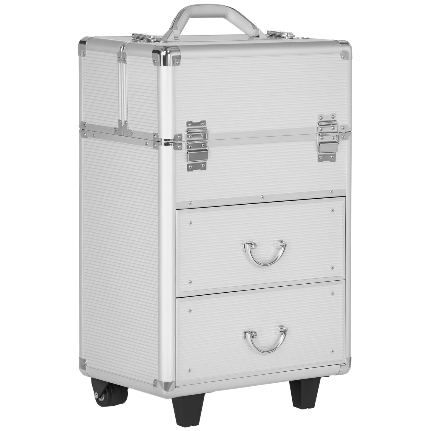 Aluminum Rolling Makeup Case, Portable Professional Cosmetic Makeup Case, Lockable Traveling Cart Trunk with Folding Tra