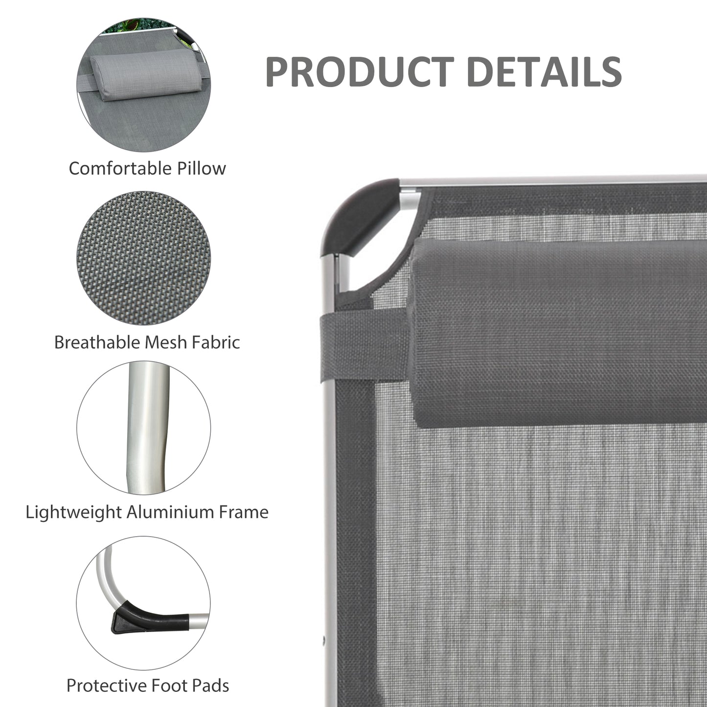 Folding Lounge Chair, Aluminum Frame Tanning Chair, Patio Lounger with Headrest, 5-Level Adjustable Backrest, Grey