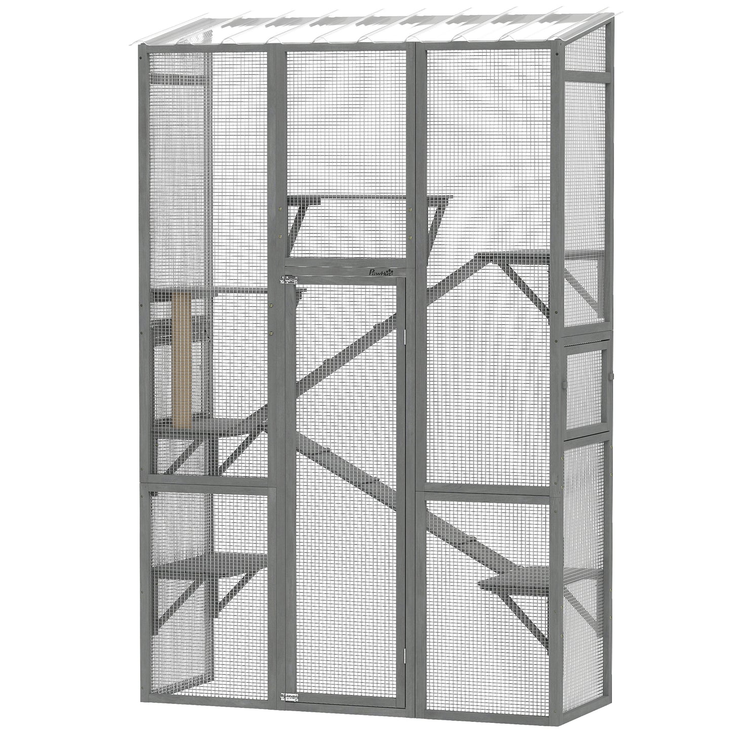 Large Outdoor Catio with 6 Jumping Platforms, Scratching Post, 2 Ramps, Waterproof Roof, Grey