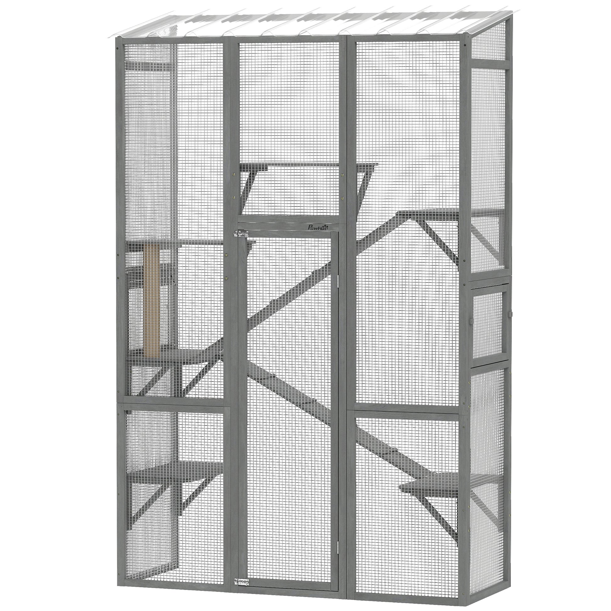 Large Outdoor Catio with 6 Jumping Platforms, Scratching Post, 2 Ramps, Waterproof Roof, Grey