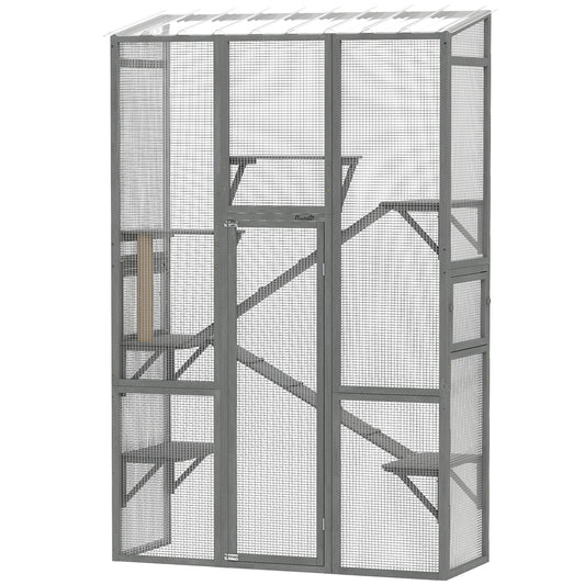 Large Outdoor Catio with 6 Jumping Platforms, Scratching Post, 2 Ramps, Waterproof Roof, Grey