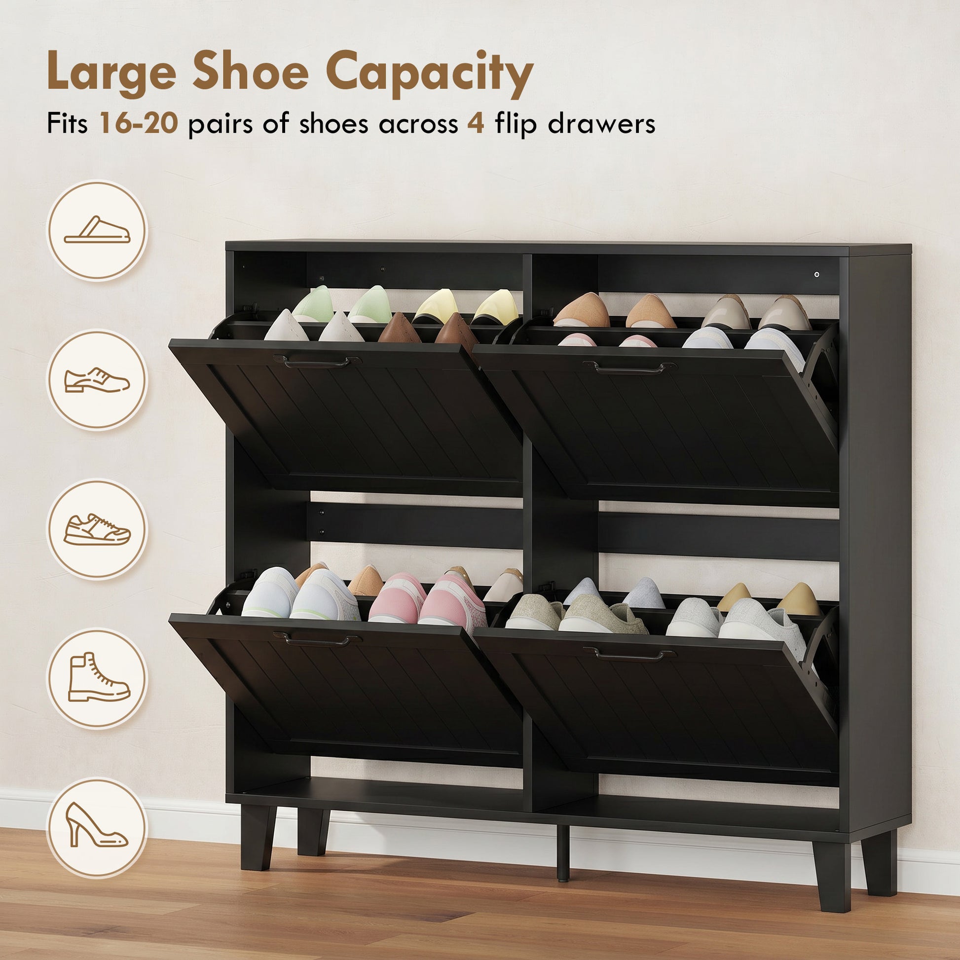 Shoe Cabinet with 4 Flip Drawers, Freestanding Narrow Shoe Storage Cabinet with Adjustable Shelves, Open Back, Black