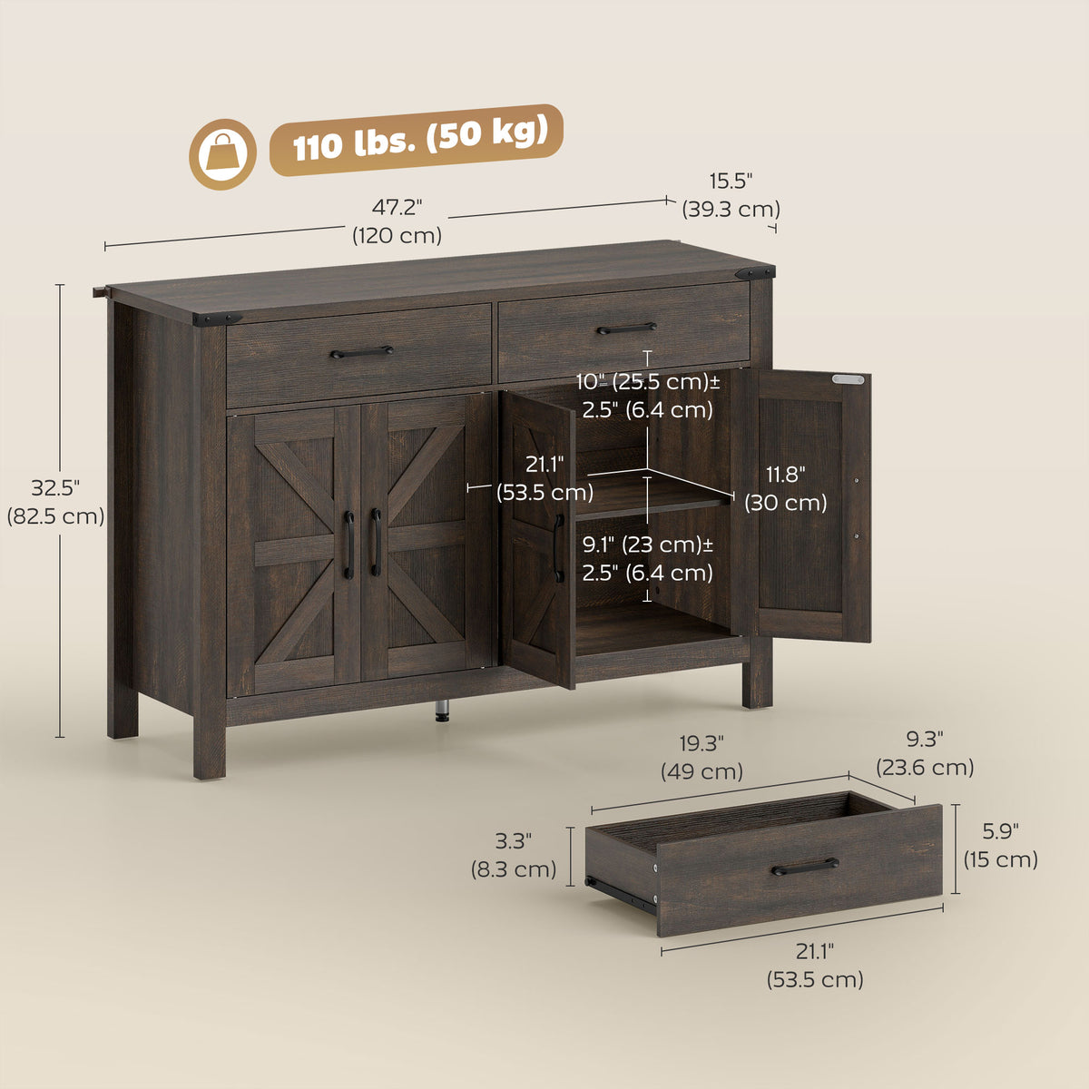 Sideboard Buffet Cabinet, Farmhouse Kitchen Storage Cabinet w/ 2 Drawers and Shelves for Living Room, Entryway