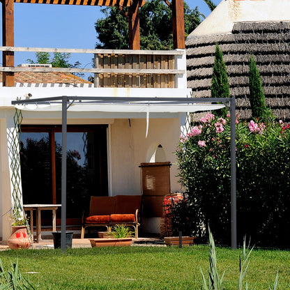 10'x10' Outdoor Pergola Gazebo with Retractable Canopy & Metal Frame & PA Coated Sun Shelter Door Porch Cover, Cream Whi
