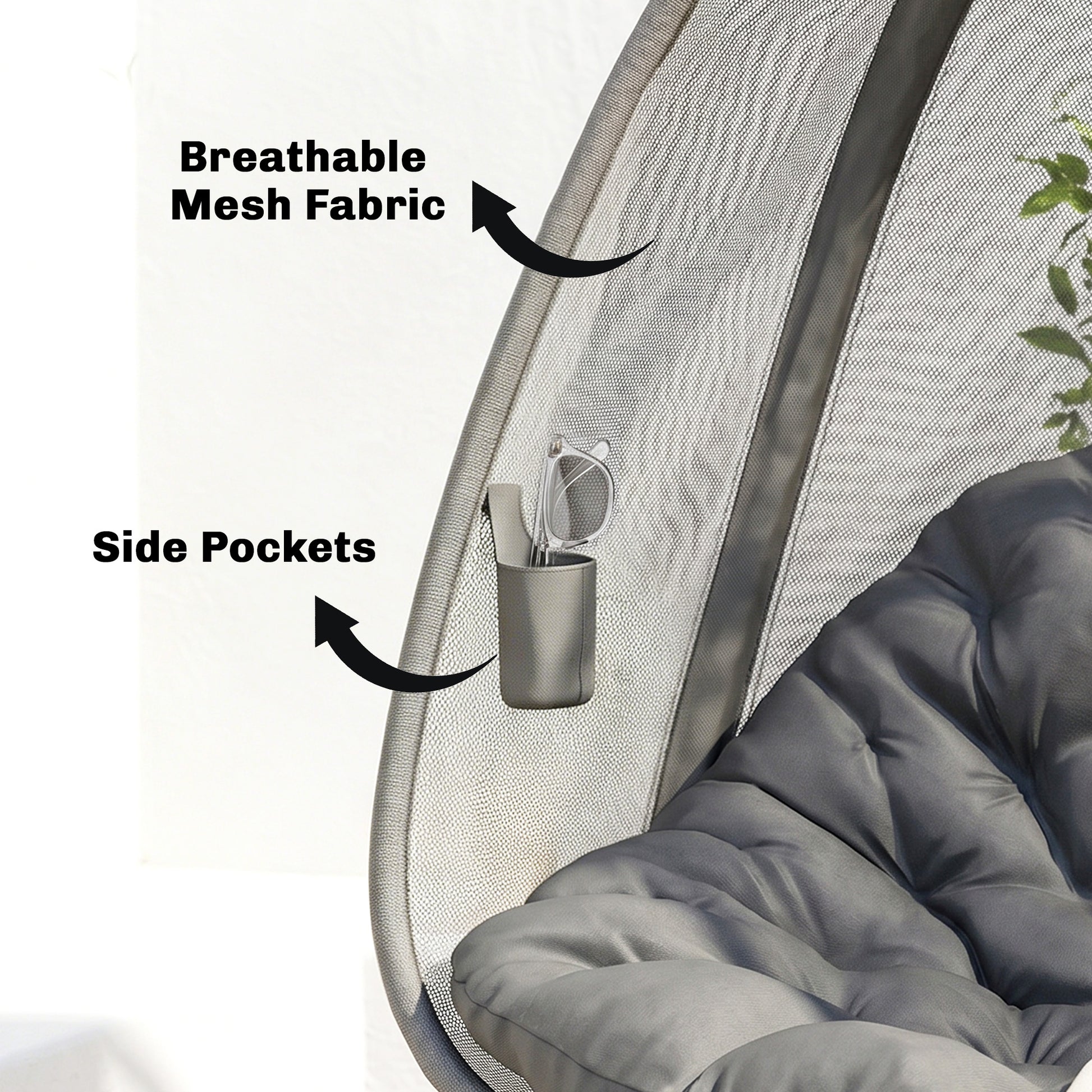 Hanging Egg Chair, Outdoor Indoor Swing Chair with Stand, Folding Basket and Thickened Cushion, Grey