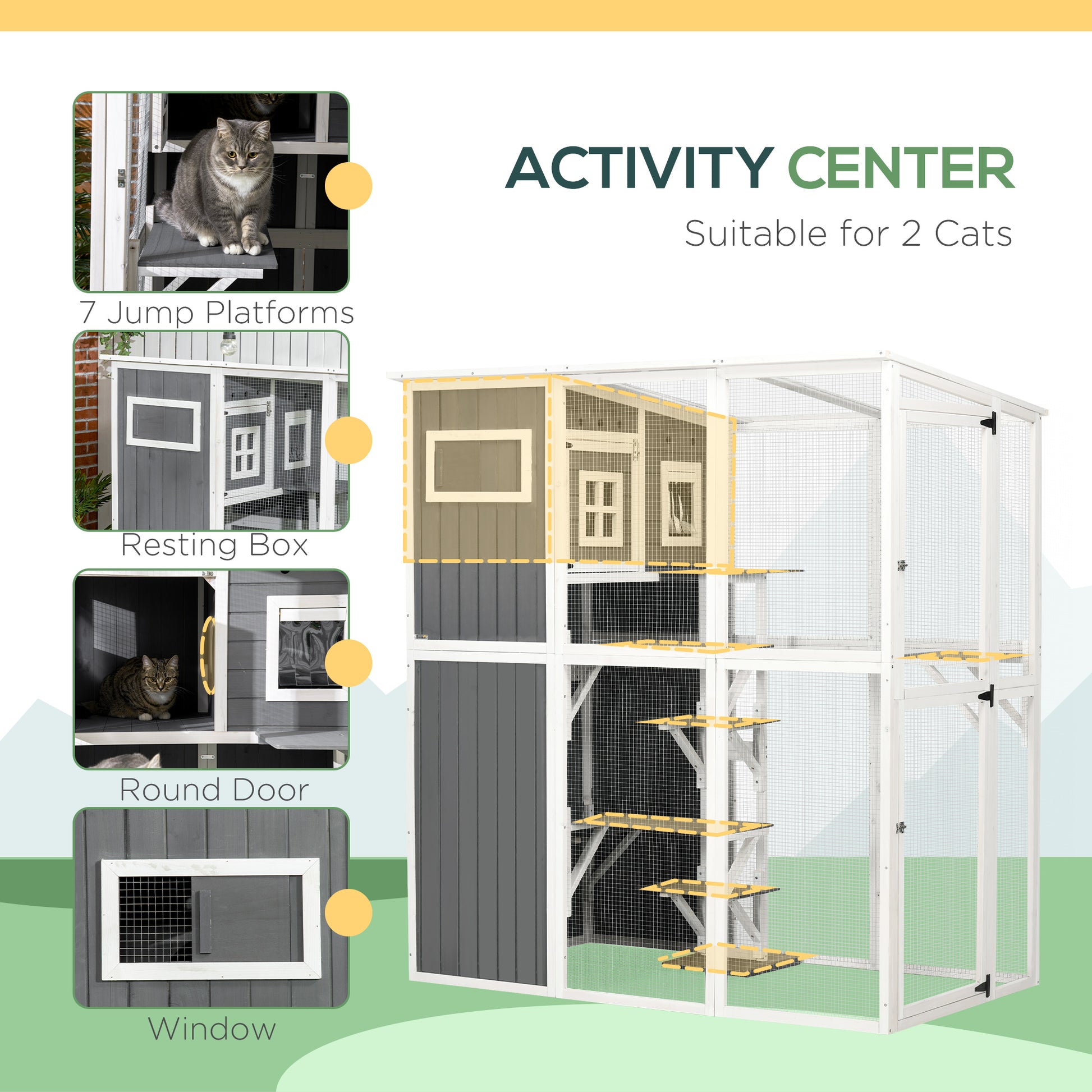 Wooden Cat Catio, 66.5"L Walk in Outdoor Cat House with PVC Weather Protection Roof, Multiple Platforms, Lockable Doors,