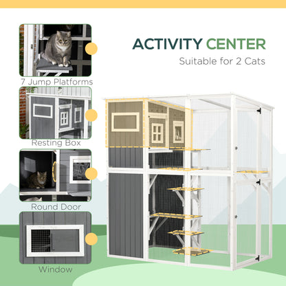 Wooden Cat Catio, 66.5"L Walk in Outdoor Cat House with PVC Weather Protection Roof, Multiple Platforms, Lockable Doors,
