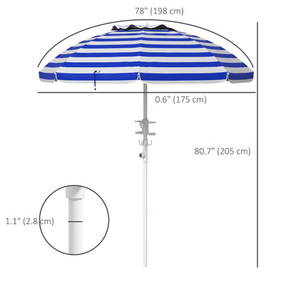5.7' Beach Umbrella for Travel with Tilt, Adjustable Height, 2 Cup Holders, Hook, Vent, Ruffles, Blue and White