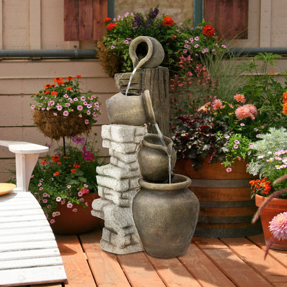Wine Jars Outdoor Waterfall Fountain with Adjustable Flow, 4-Tier Rustic Resin Cascading Water Fountain, Decorative Back