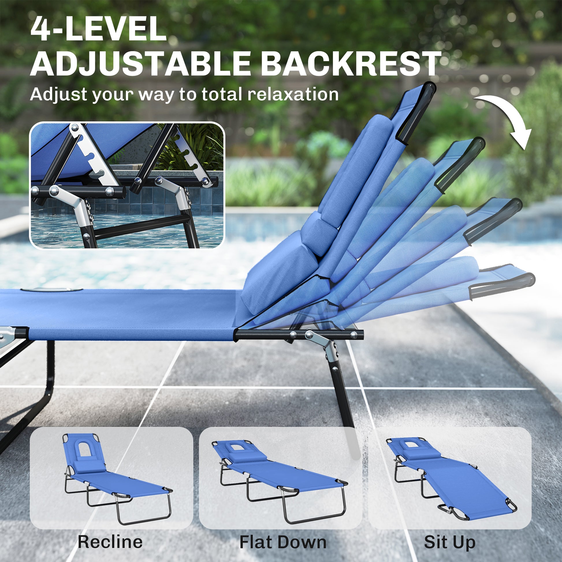 Folding Chaise Lounge Chair, Reclining Beach Tanning Chair with Face Hole, Pillow, 4-Position Adjustable Lay Flat Sun Lo