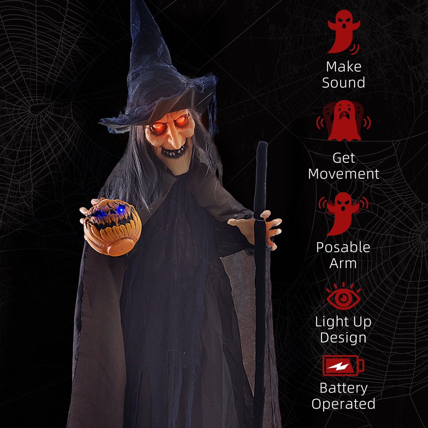 6.2' Life Size Decoration Animatronic Witch w/ Broomstick Outdoor Halloween, Sound & Motion Activated w/ Light Up Eyes