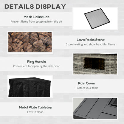 28 Inch Propane Fire Pit Table, 40,000 BTU Rattan Gas Fire Pit Table with Rain Cover, Mesh Lid, Lava Stone, Mixed Grey