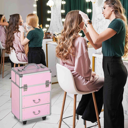 Rolling Makeup Train Case, Large Storage Cosmetic Trolley, Lockable Traveling Cart Trunk with Folding Trays, Swivel Whee