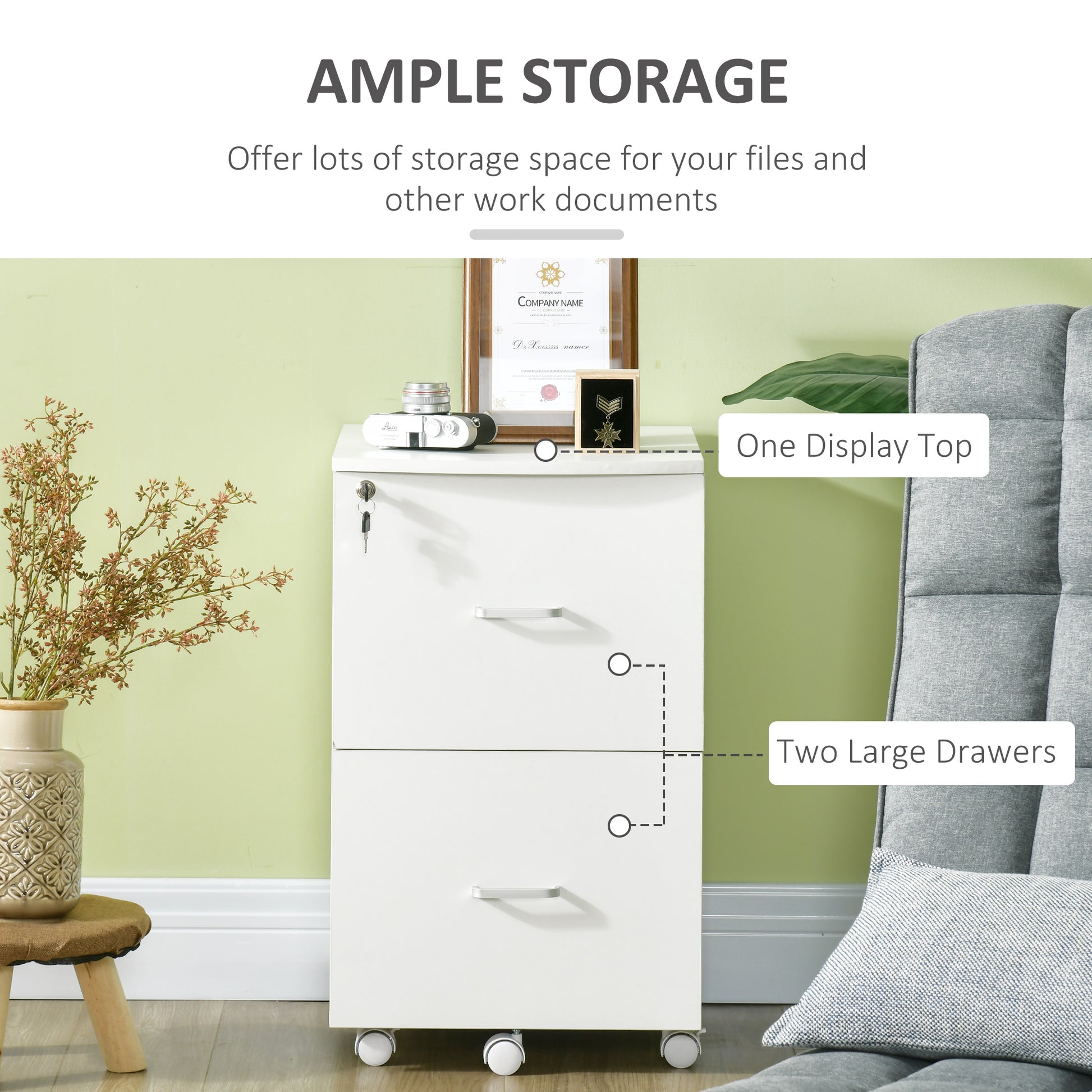 2 Drawer File Cabinet with Lock, Small Rolling Filing Cabinet for A4, Letter-Size Documents, Printer Stand for Home Offi