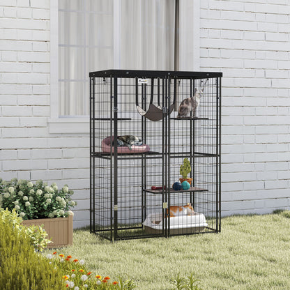 Metal Cat Cage with Waterproof Cover, 4 Platforms, Hammock, Washable Cushions for 1-3 Kittens, 46.5" x 22" x 62", Black