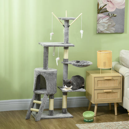 53" Cat Tree Tower, Kitten Activity Centre with Scratching Posts, Condo, Perches, Ladder, Hammock, Dangling Toys, Grey