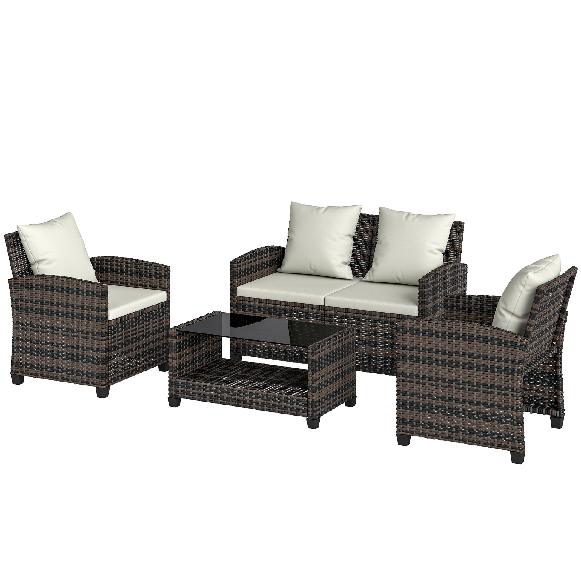 4-Piece Outdoor Wicker Patio Furniture Conversation Set, Includes Loveseat, Chairs and 2-Tier Table with Cushions, Moder