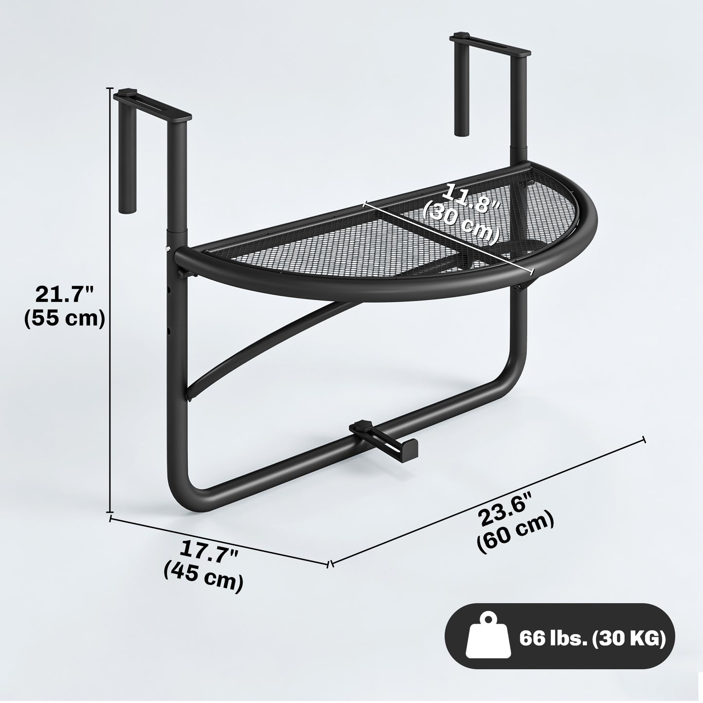 Adjustable Balcony Hanging Rail Table Metal Mounting Mini Wall Desk Storage Rack Outdoor Flower Stand, Black