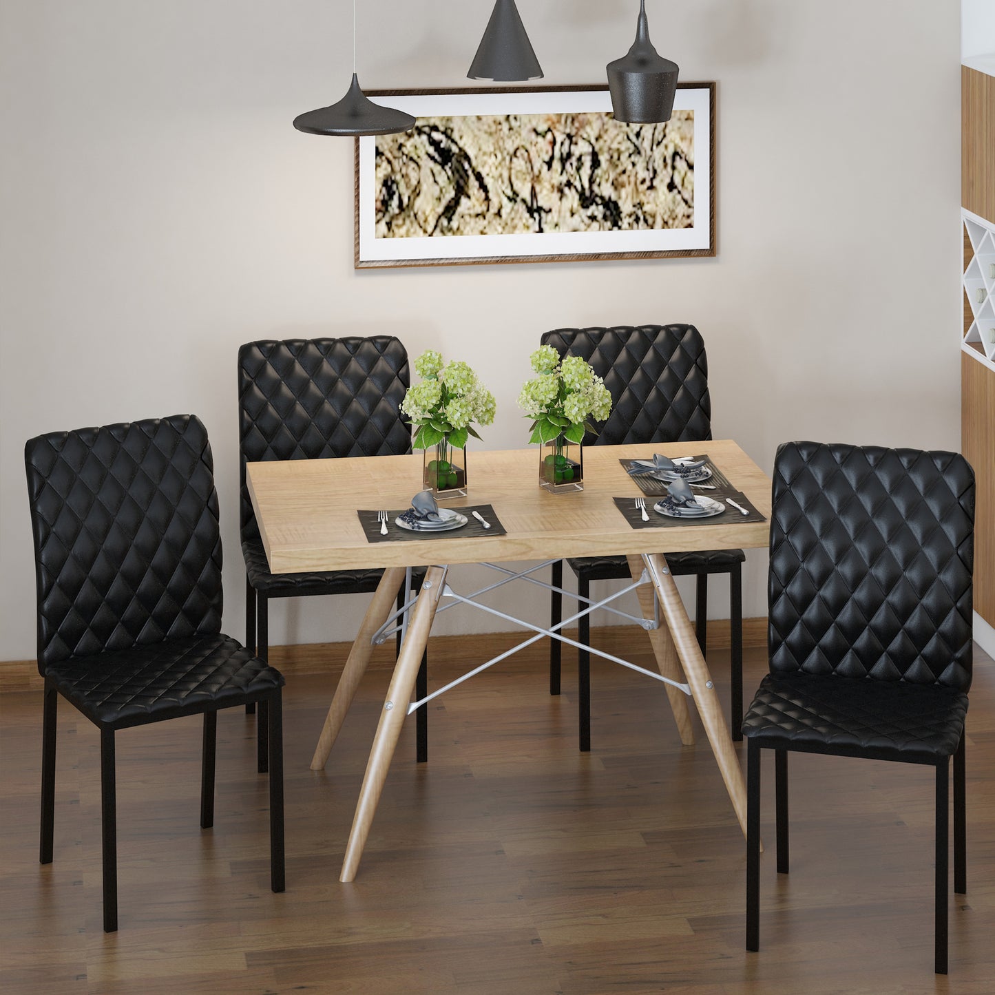 Modern Dining Chairs Set of 4, Upholstered Faux Leather Kitchen Chairs with Rhombic Tufting and Metal Legs for Living Ro