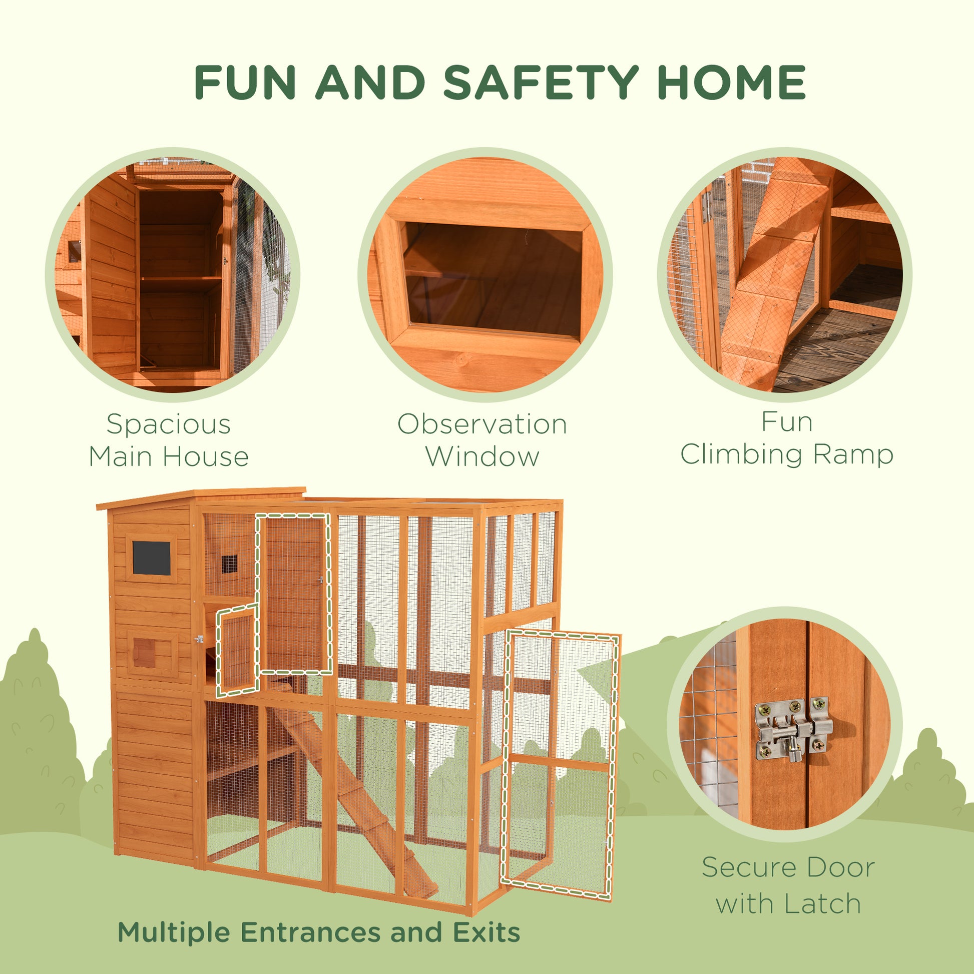 68.75" H Cat Cage Large Wooden Outdoor Cat House with Large Run for Play, Catio for Lounging, and Condo Area for Sleepin