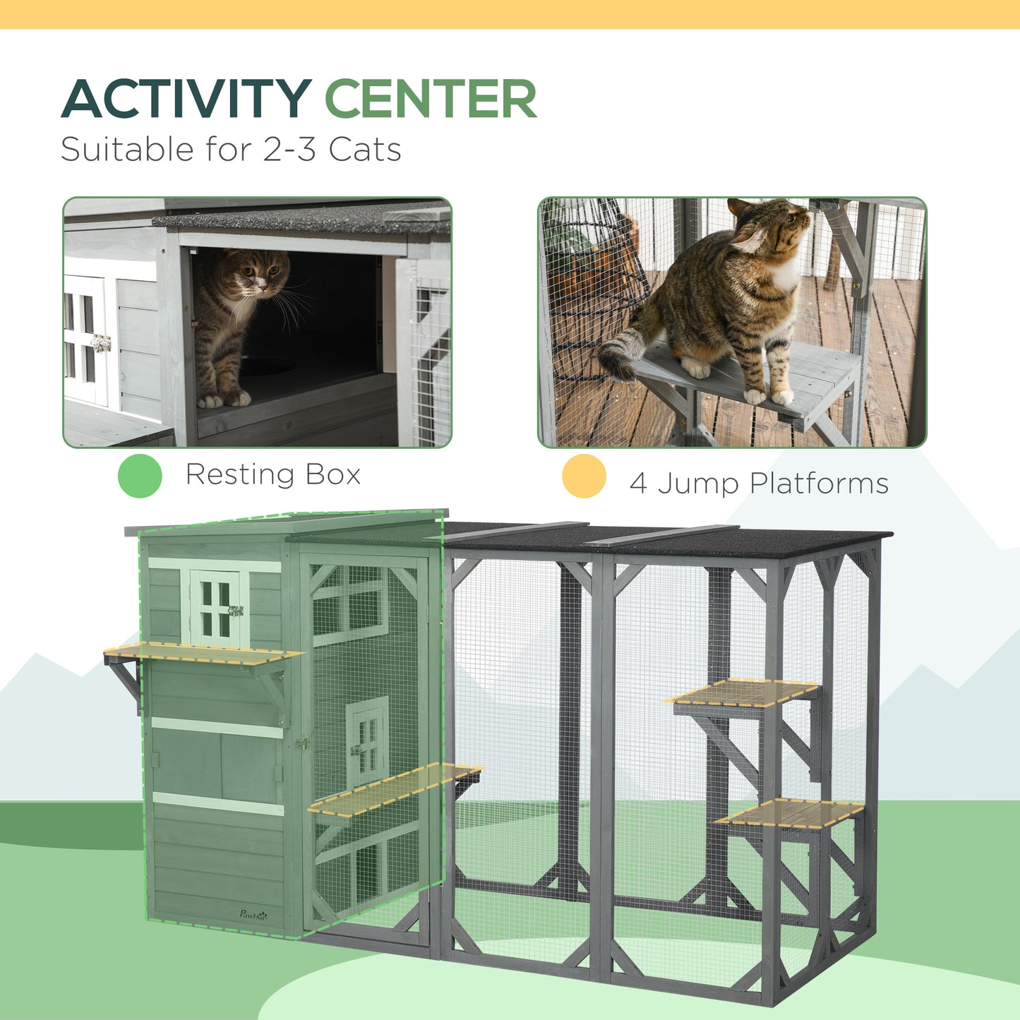 Wooden Cat Catio, 76"L Walk in Outdoor Cat House with Asphalt Roof, Platforms, Lockable Doors, 3-tier Resting Condo, Obs