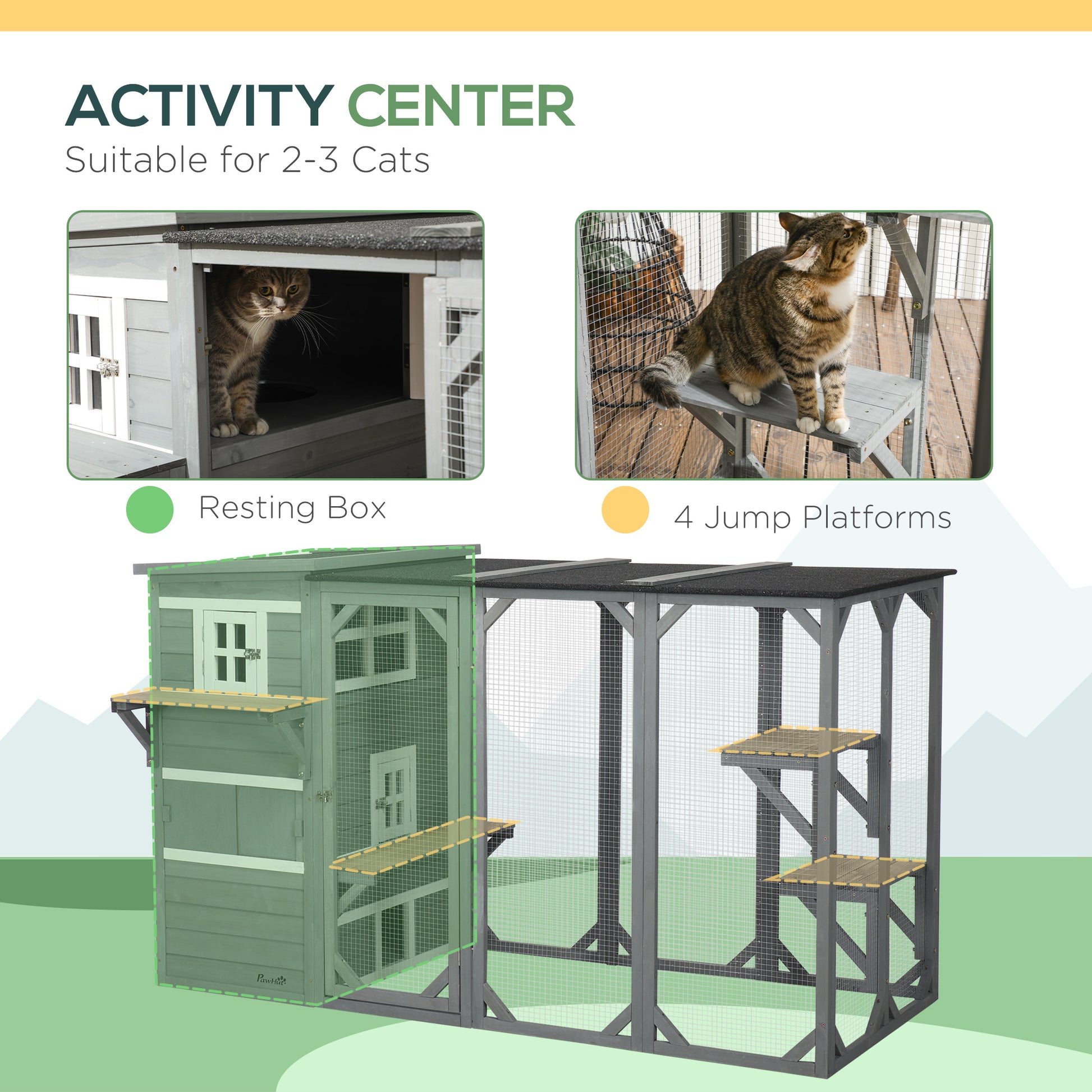 Wooden Cat Catio, 76"L Walk in Outdoor Cat House with Asphalt Roof, Platforms, Lockable Doors, 3-tier Resting Condo, Obs