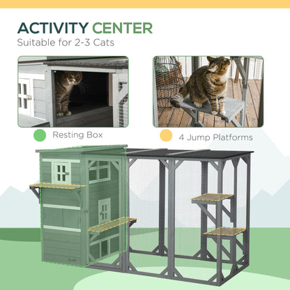 Wooden Cat Catio, 76"L Walk in Outdoor Cat House with Asphalt Roof, Platforms, Lockable Doors, 3-tier Resting Condo, Obs