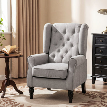 Fabric Accent Chair, Button Tufted Armchair, Upholstered Modern Living Room Chair, Wingback Chair with Wood Legs, Rolled