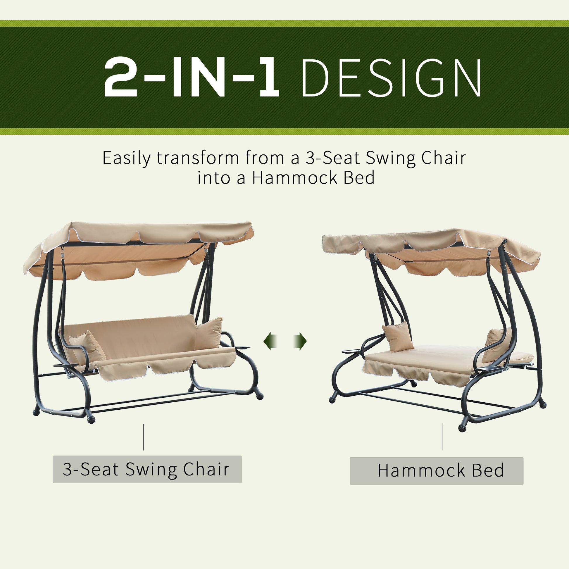 3-Seat Outdoor Patio Swing Chair, 2-in-1 Convertible Flat Bed, Canopy Swing with Adjustable Shade, Removable Cushions, C