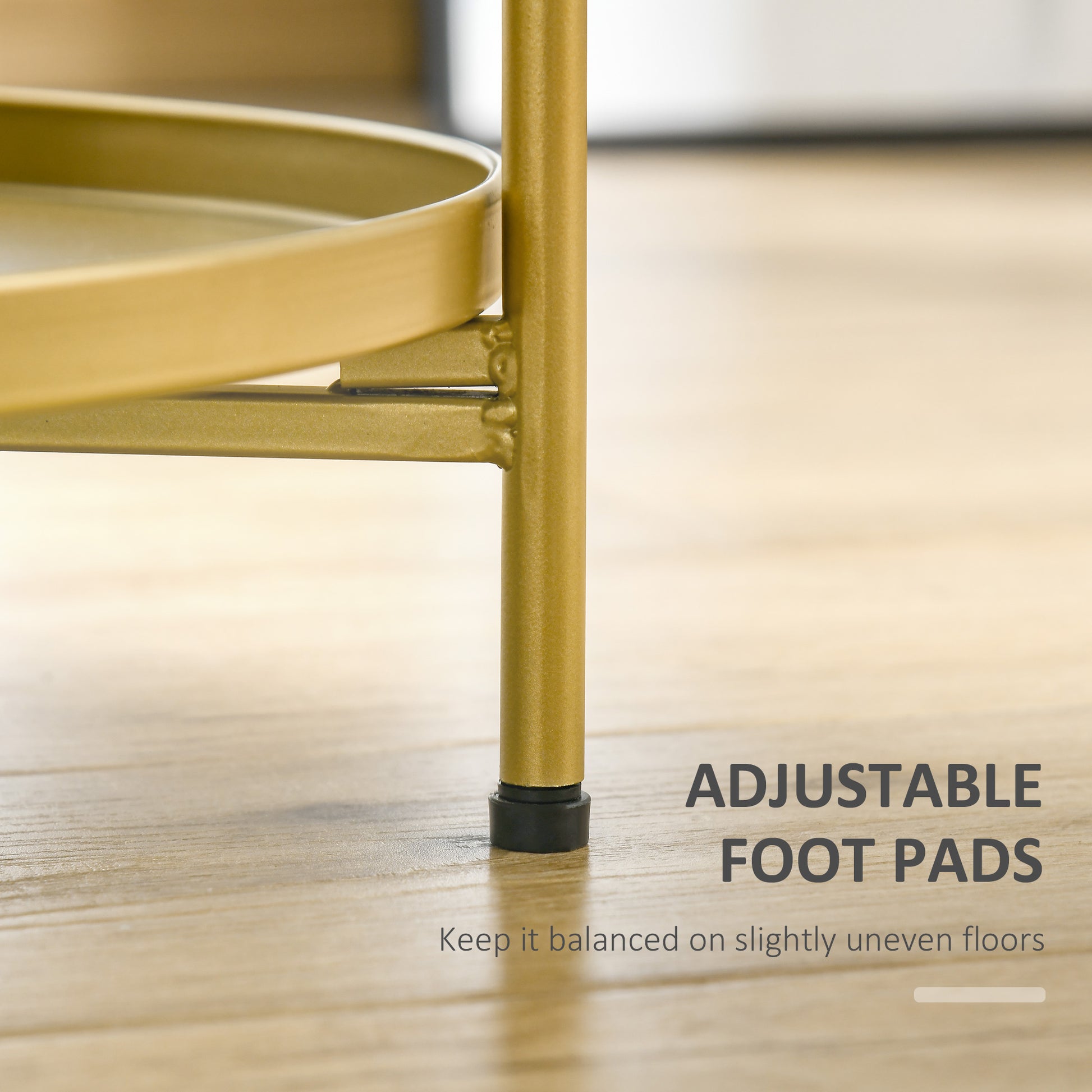 2-Tier Gold Side Table, Round Nightstand with Removable Trays Folding Metal Frame Adjustable Foot End Table for Living R