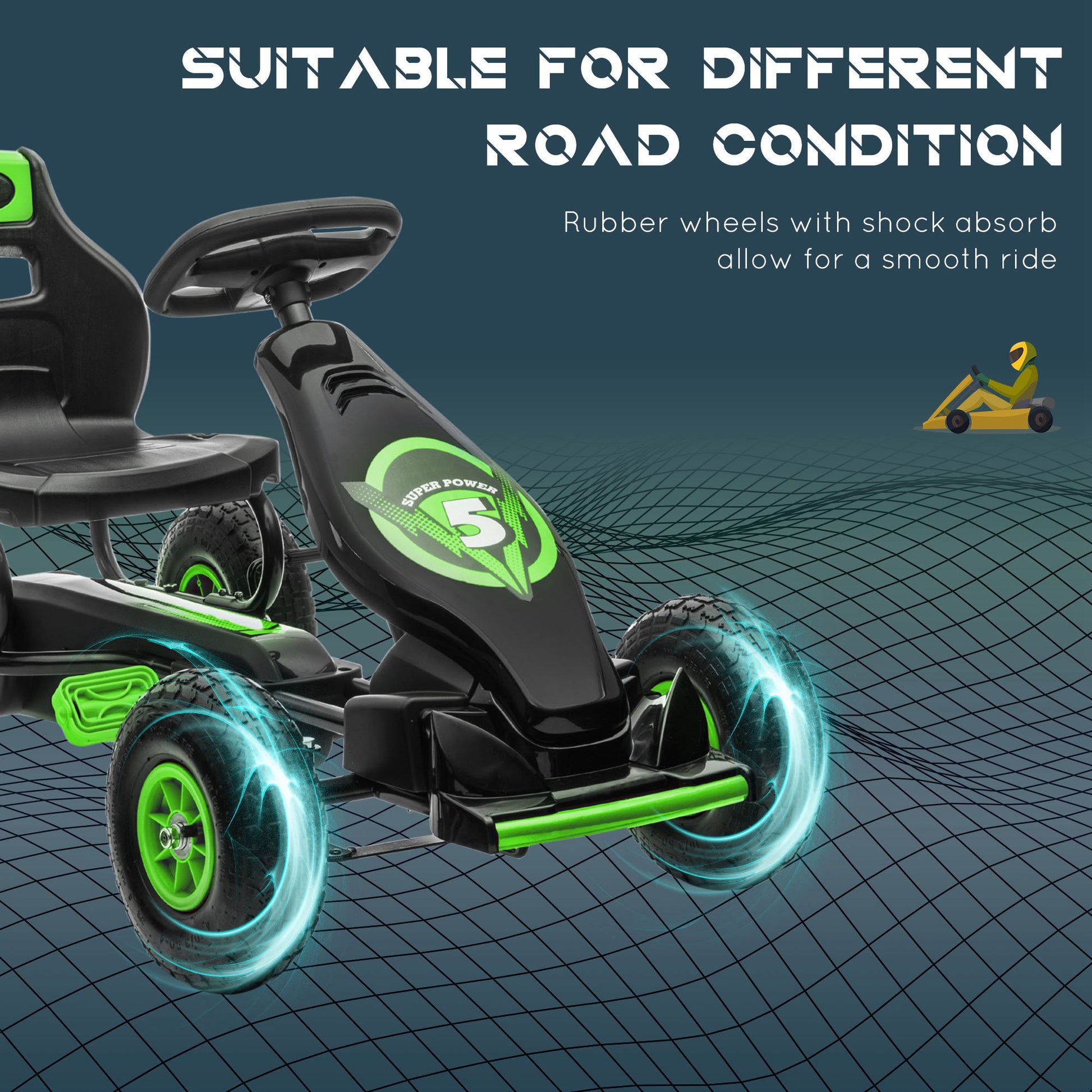 VarietyKart Pedal Go Kart w/ Adjustable Seat, Rubber Wheels Shock Absorb, Green