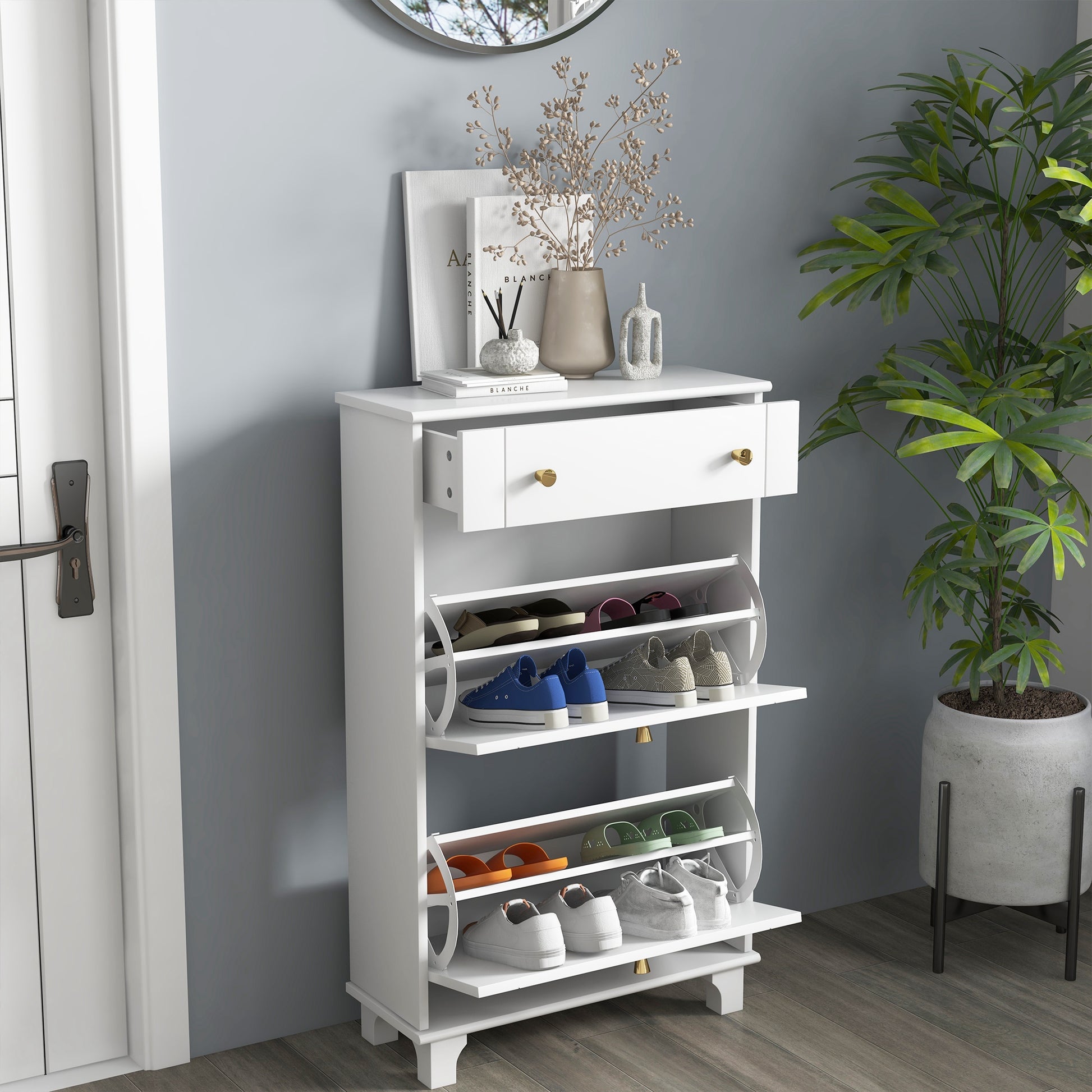 Slim Shoe Storage with 2 Flip Drawers and Adjustable Shelves Shoe Cabinet Organizer for 8 Pair,  White