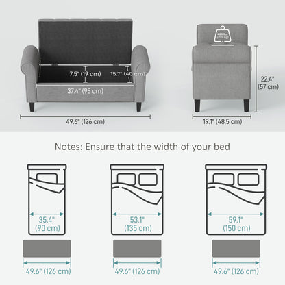 50 Inches Storage Ottoman, Upholstered Bedroom Bench with Rolled Arms and Button Tufted Storage, Light Grey