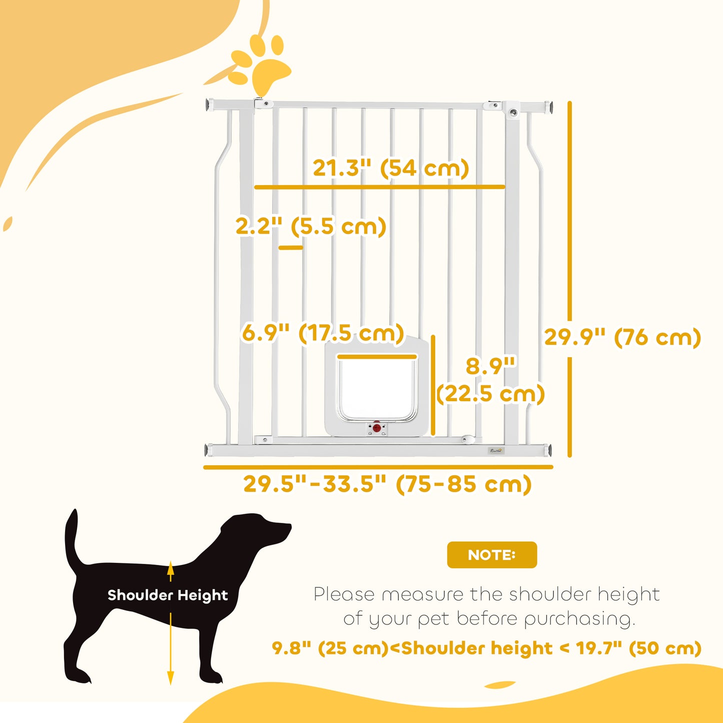29.5-33.5" Adjustable Dog Gate with Cat Door, Easy Install Pressure/Hardware Mounted Pet Gate for Doorways, White