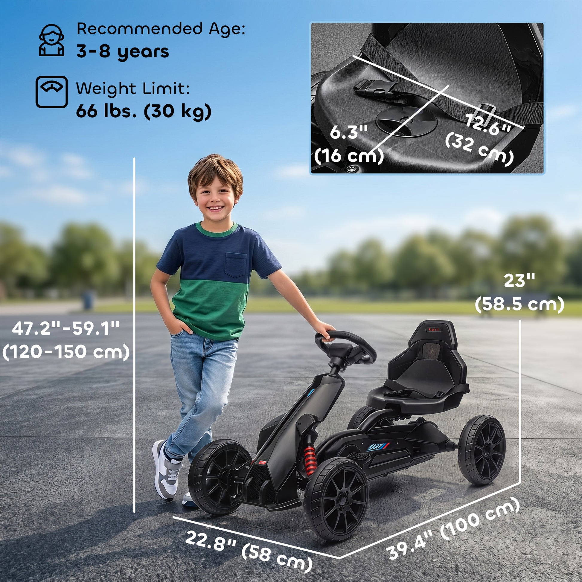 VarietyKart Pedal Go Kart with Adjustable Seat, Forward, Backward, Handbrake, Shock Absorption for 3-8 Years, Black