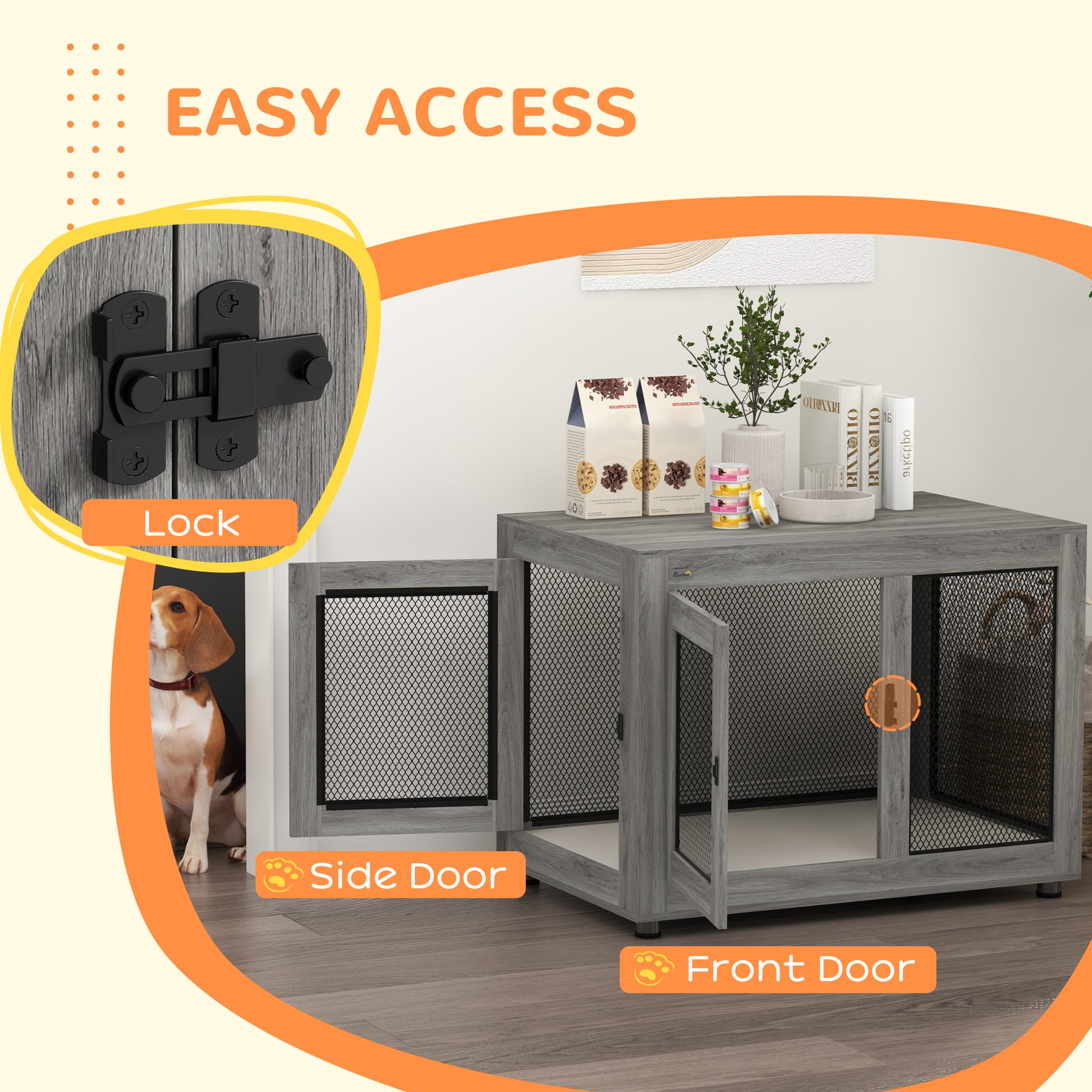 Pet Crate End Table with Water-resistant Cushion or Large Medium Dogs, Grey