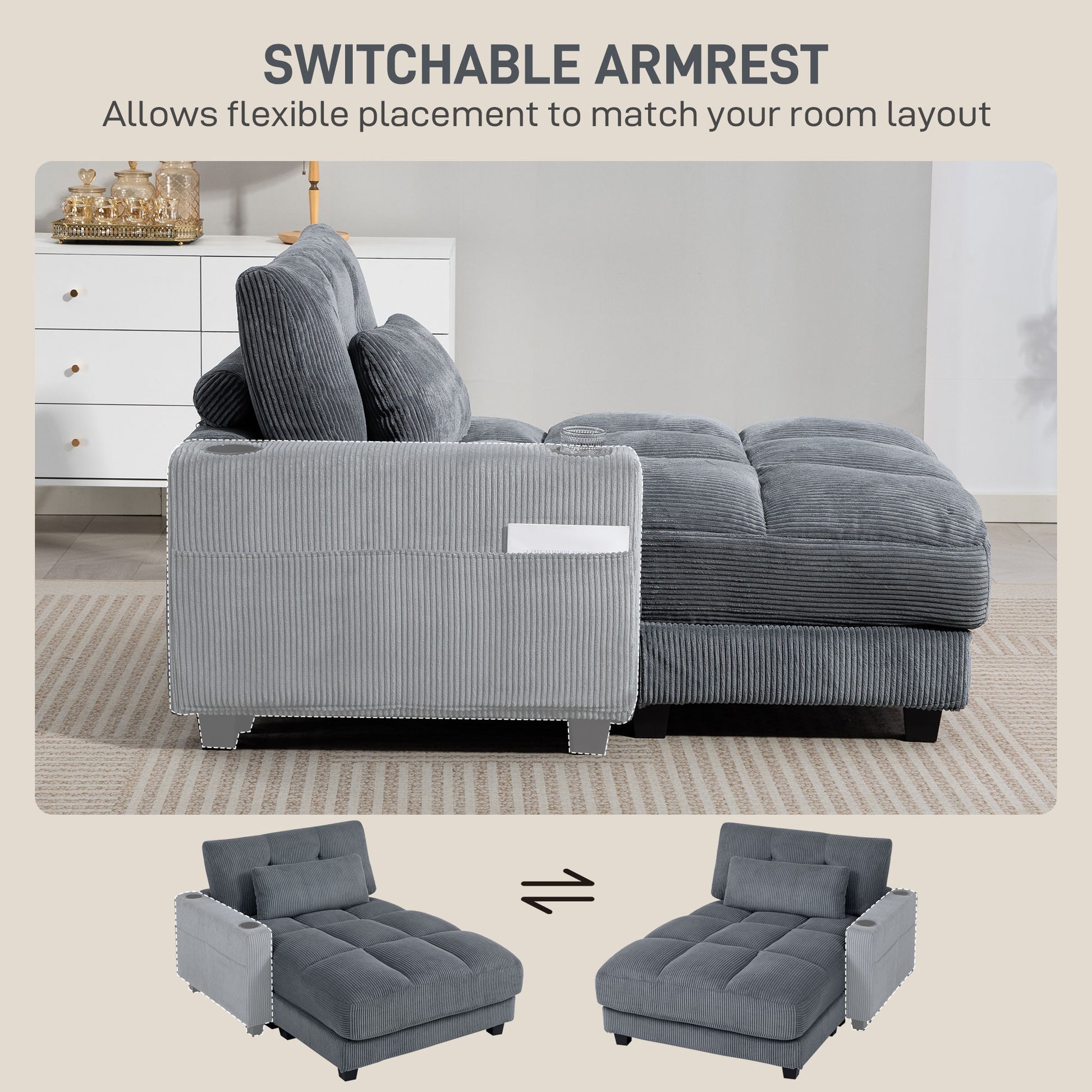 58" Chaise Lounge Indoor, Oversized Corduroy Sofa Bed with 2 Cup Holders, Pillow, Deep Seat Sleeper Couch, Dark Grey