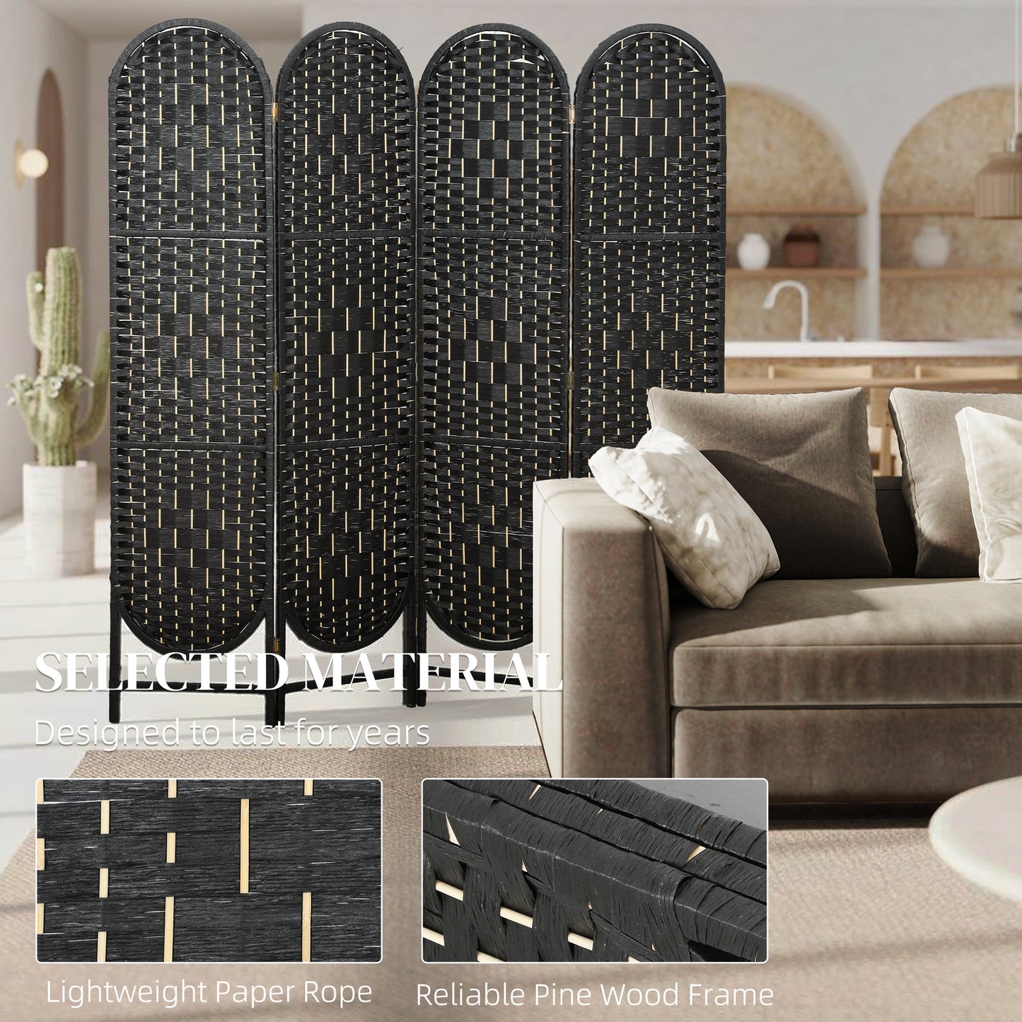 Bohemian Privacy Screen, Folding Room Divider with 4 Panels and Arched Top for Bedroom Living Room Office, Black