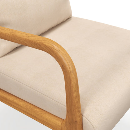 Fabric Lounge Chair, Velvet Armchair, Retro Accent Chair with Wood Legs and Thick Padding for Bedroom, Beige