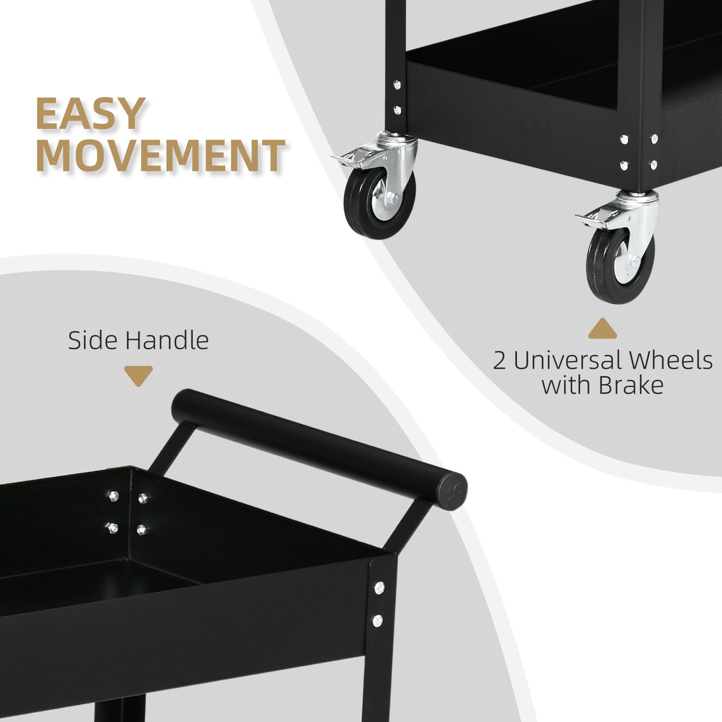 Rolling Tool Cart, 2 Tier Mobile Service Utility Cart with Wheels, Black