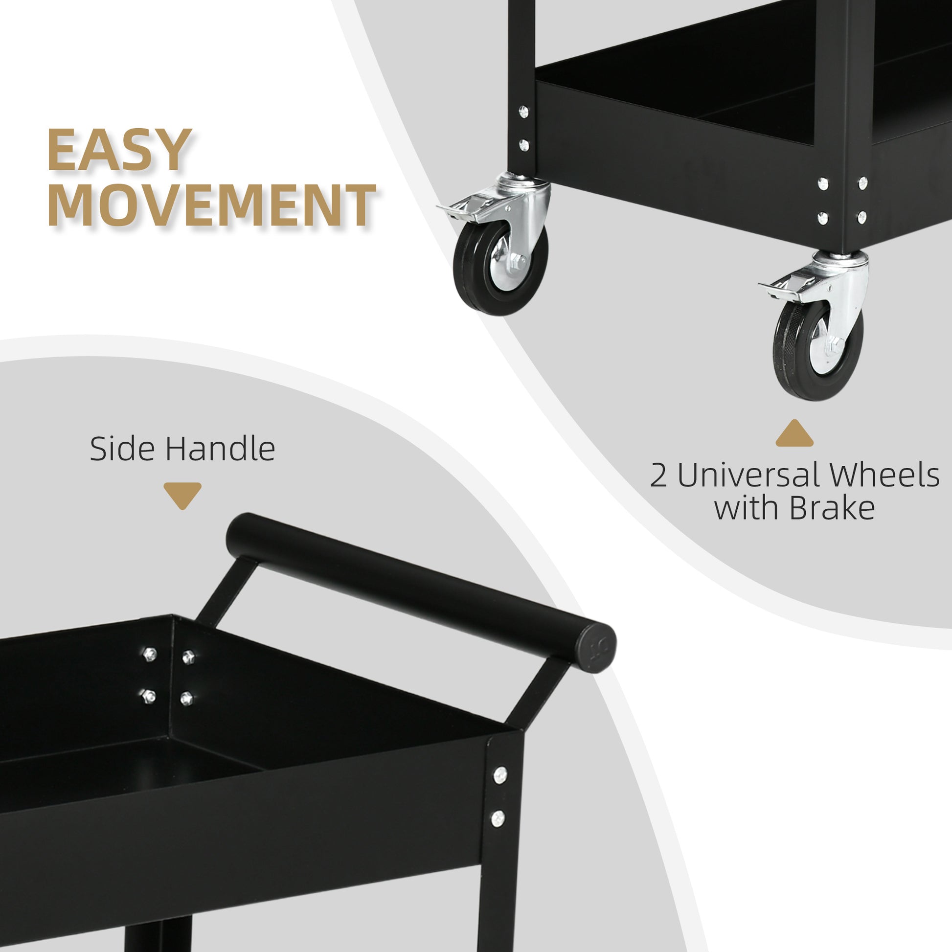 Rolling Tool Cart, 2 Tier Mobile Service Utility Cart with Wheels, Black