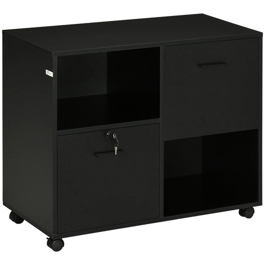 Mobile Printer Stand, Lateral File Cabinet with Lock, Filing Cabinet with Hanging Bars for Letter, A4 Size, Black
